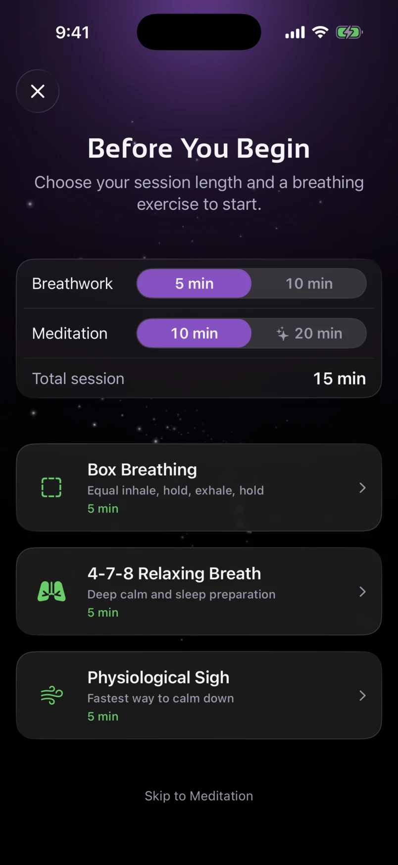 Noesis meditation setup with breathwork options and session duration