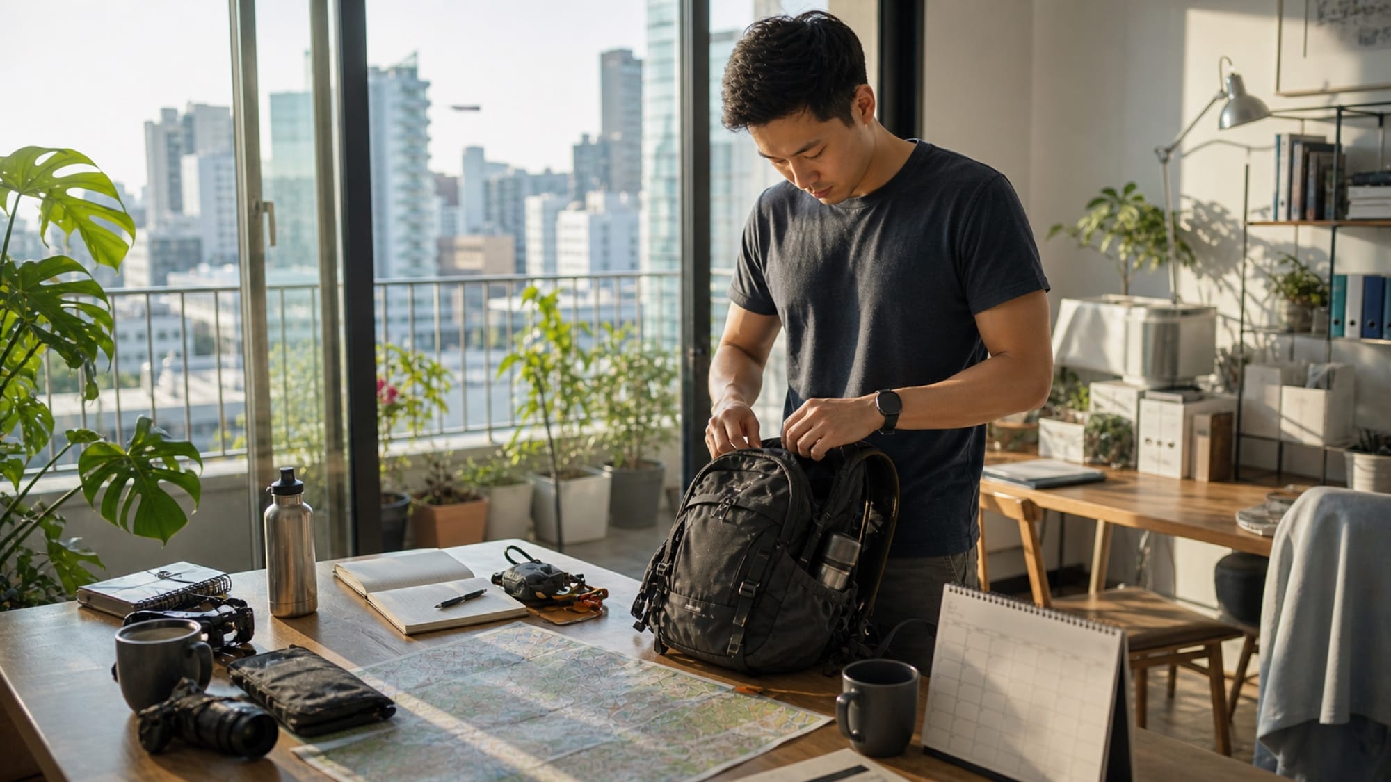 A man packs a backpack at a table spread with maps and gear, beside a window overlooking a city skyline.