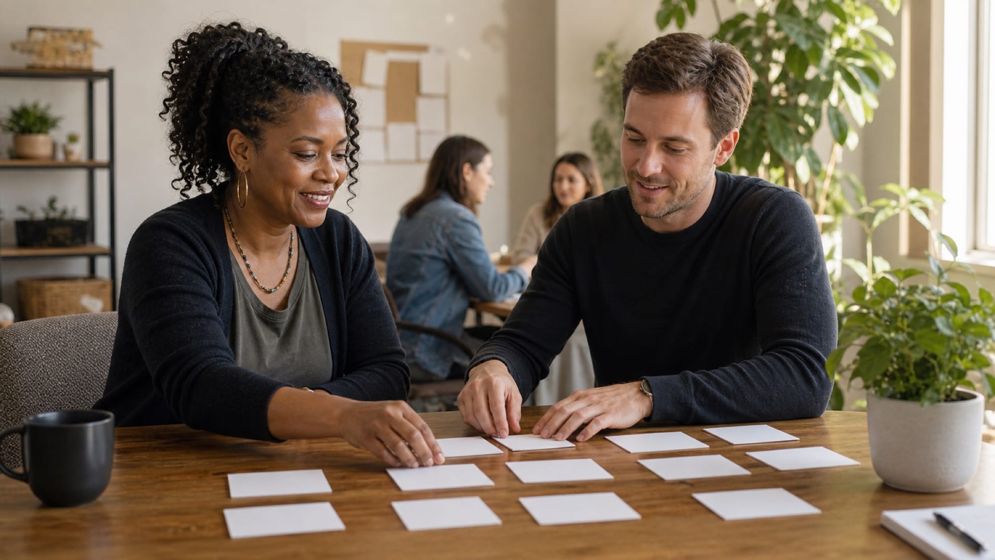 A woman and a man sit side by side at a wooden table arranging rows of blank white cards, with two people talking in the background.
