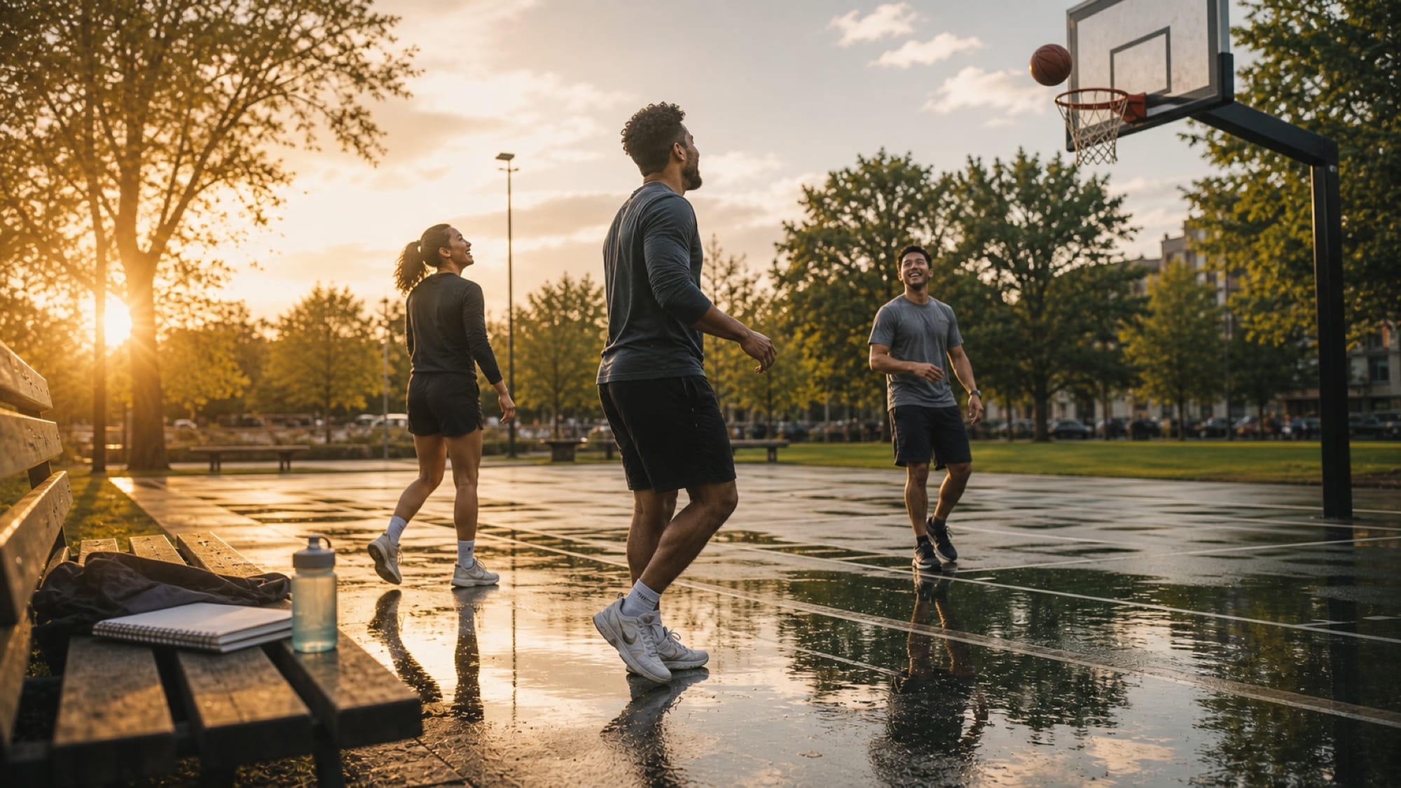 Three people play basketball on a wet outdoor court at sunset, with a bench, notebook, and water bottle in the foreground.