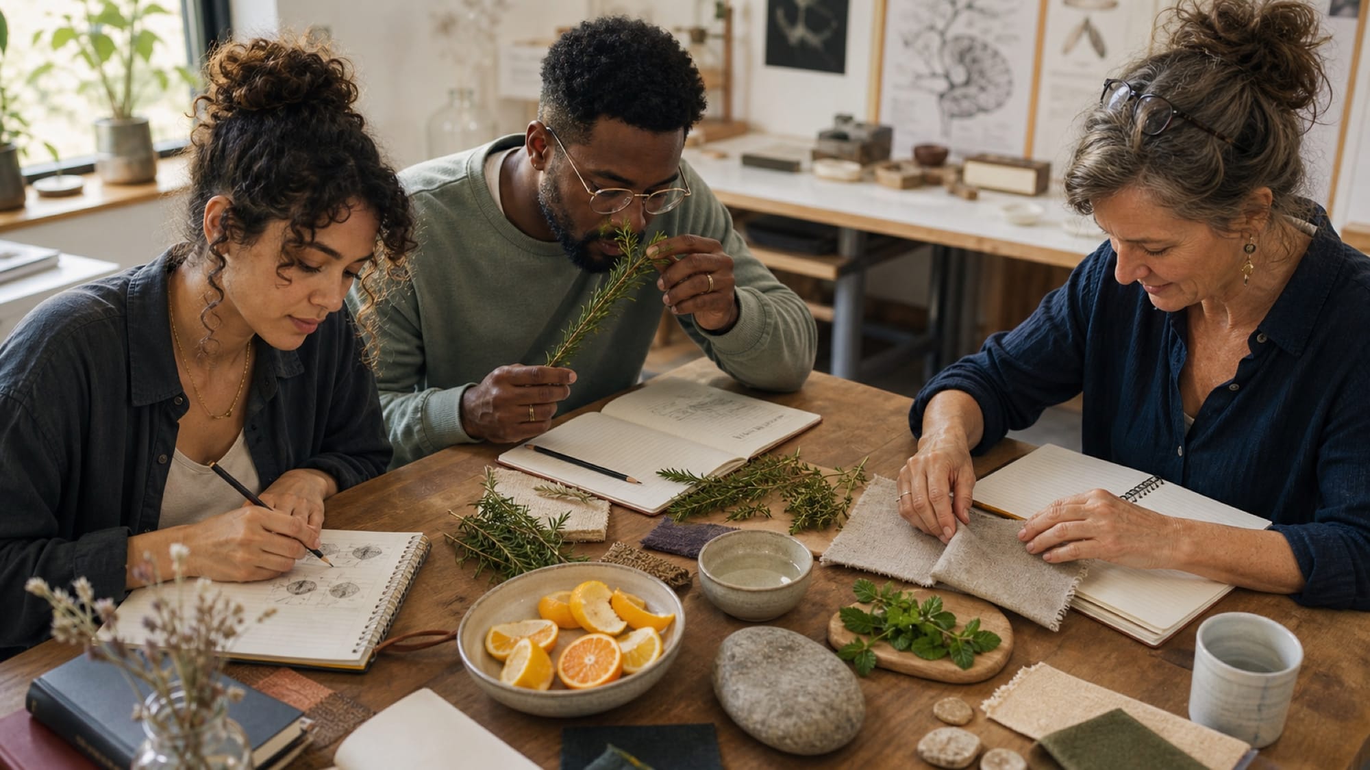 Three people sketch in notebooks at a wooden table scattered with herbs, sliced oranges, stones, and fabric swatches.