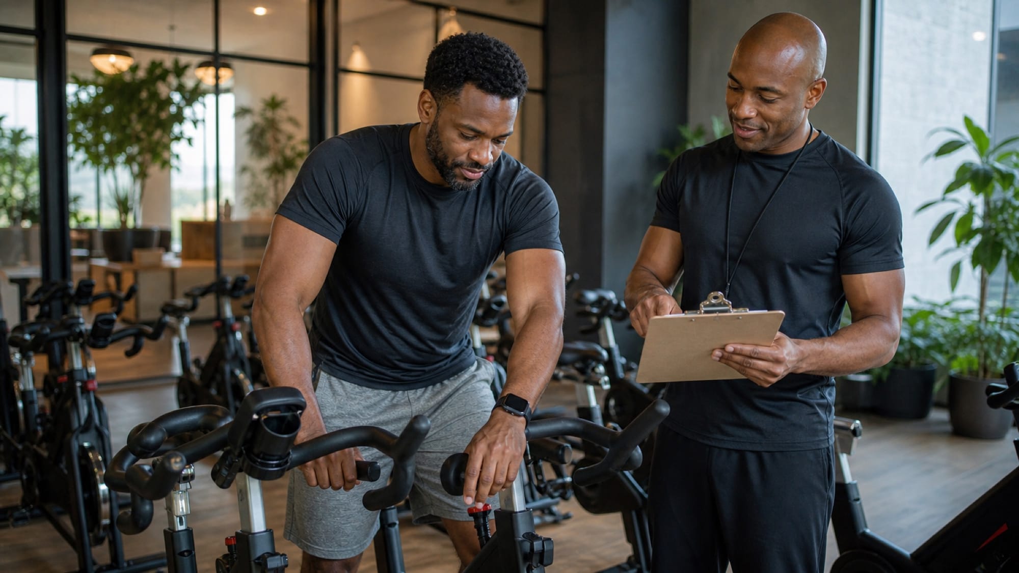 A bald trainer with a clipboard talks to a man leaning on a stationary bike in a plant-filled gym.