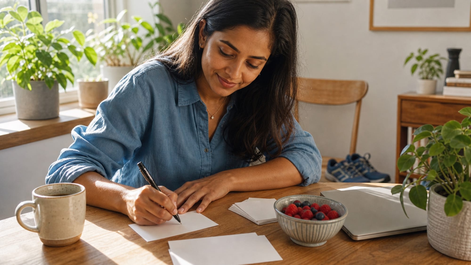 A woman in a denim shirt writes on a small card at a sunlit wooden table with a mug, berries, and a potted plant.