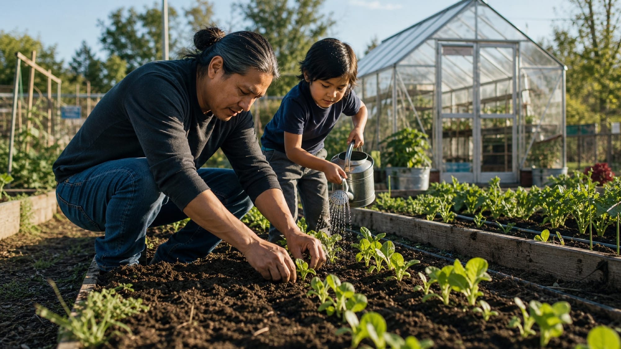 An adult and a child crouch over a garden bed of seedlings beside a greenhouse in bright daylight.