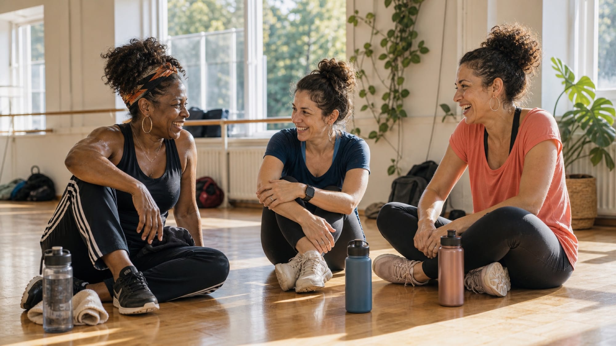 Three women in workout clothes sit cross-legged on a sunlit wooden studio floor, laughing together beside water bottles.