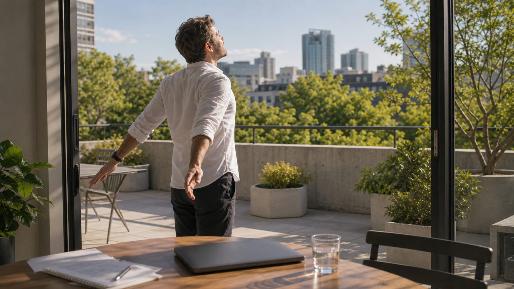 Seen from behind, a man in a white shirt stretches his arms on a sunny rooftop terrace overlooking a city skyline.