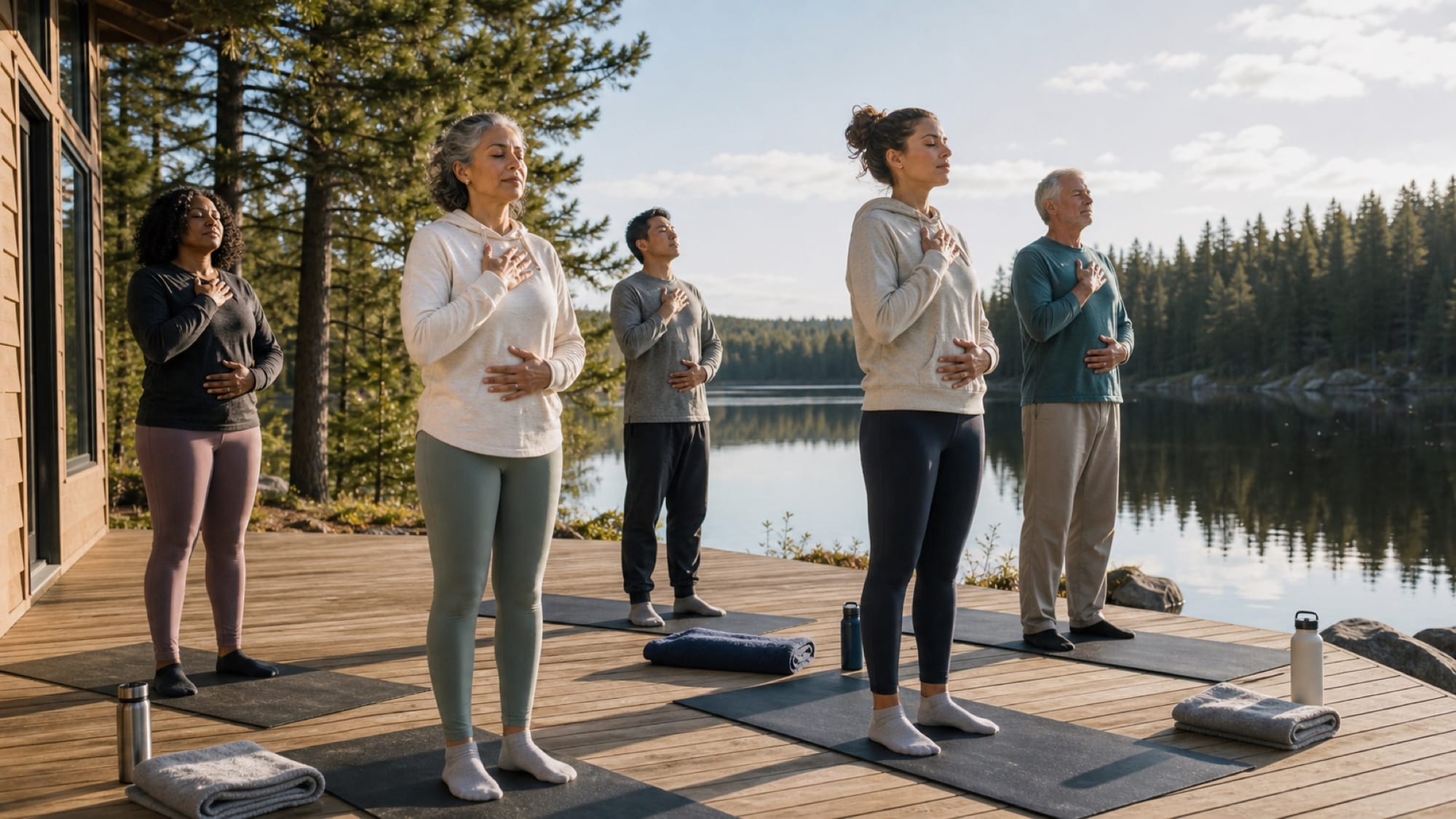 Five people stand on yoga mats with hands on their chests on a wooden deck beside a calm forest lake.