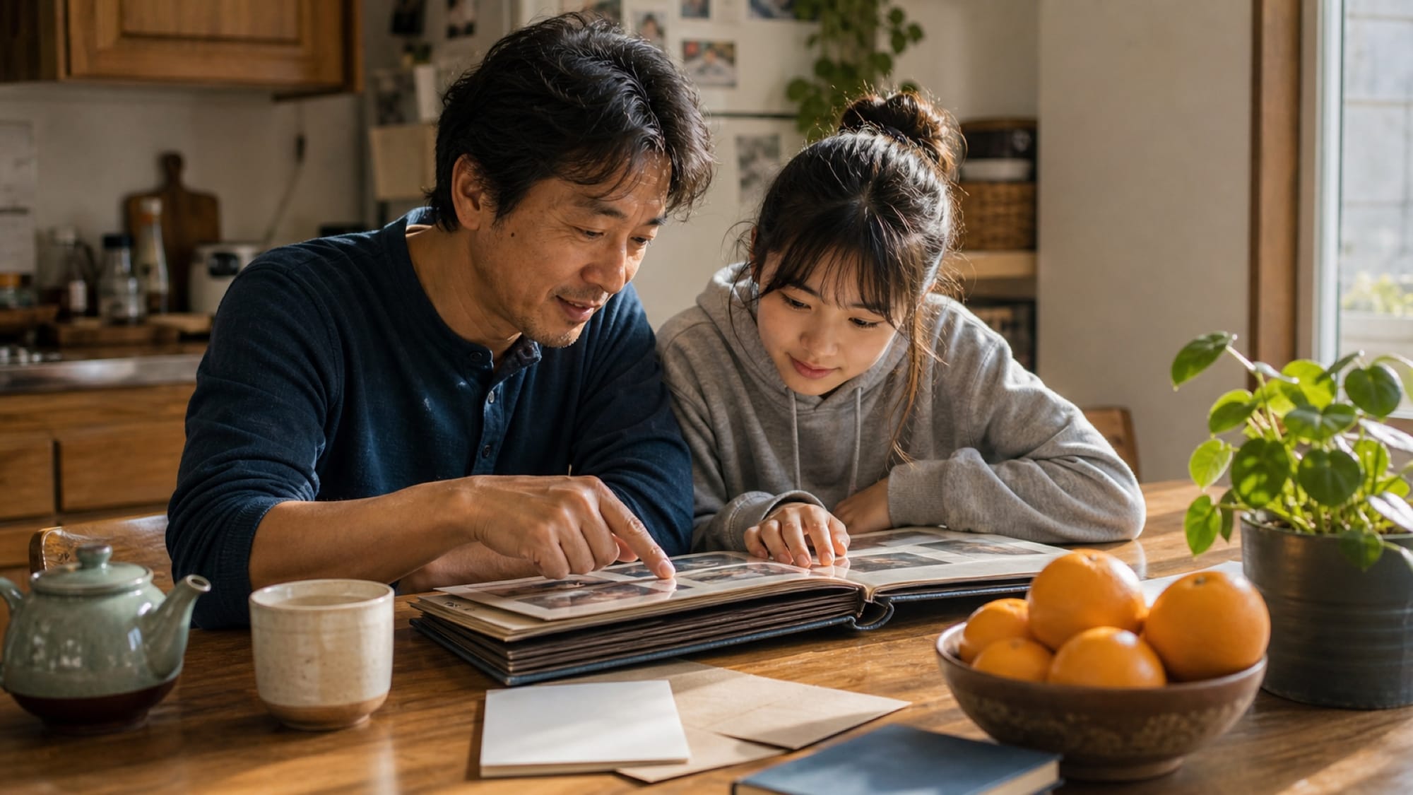 A man and a young woman lean over an open photo album at a wooden kitchen table in warm light.