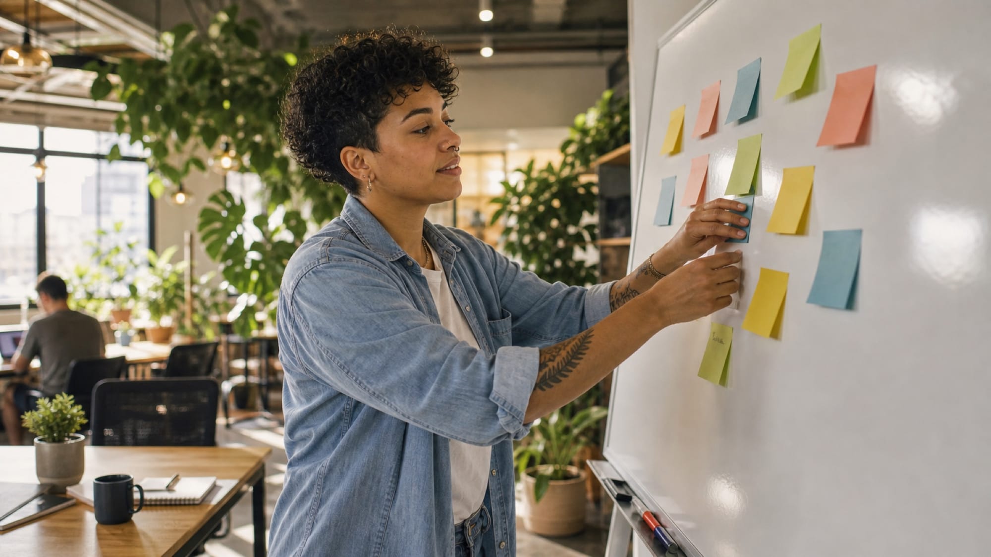 A woman in a denim shirt presses colored sticky notes onto a whiteboard in a sunlit, plant-filled office.