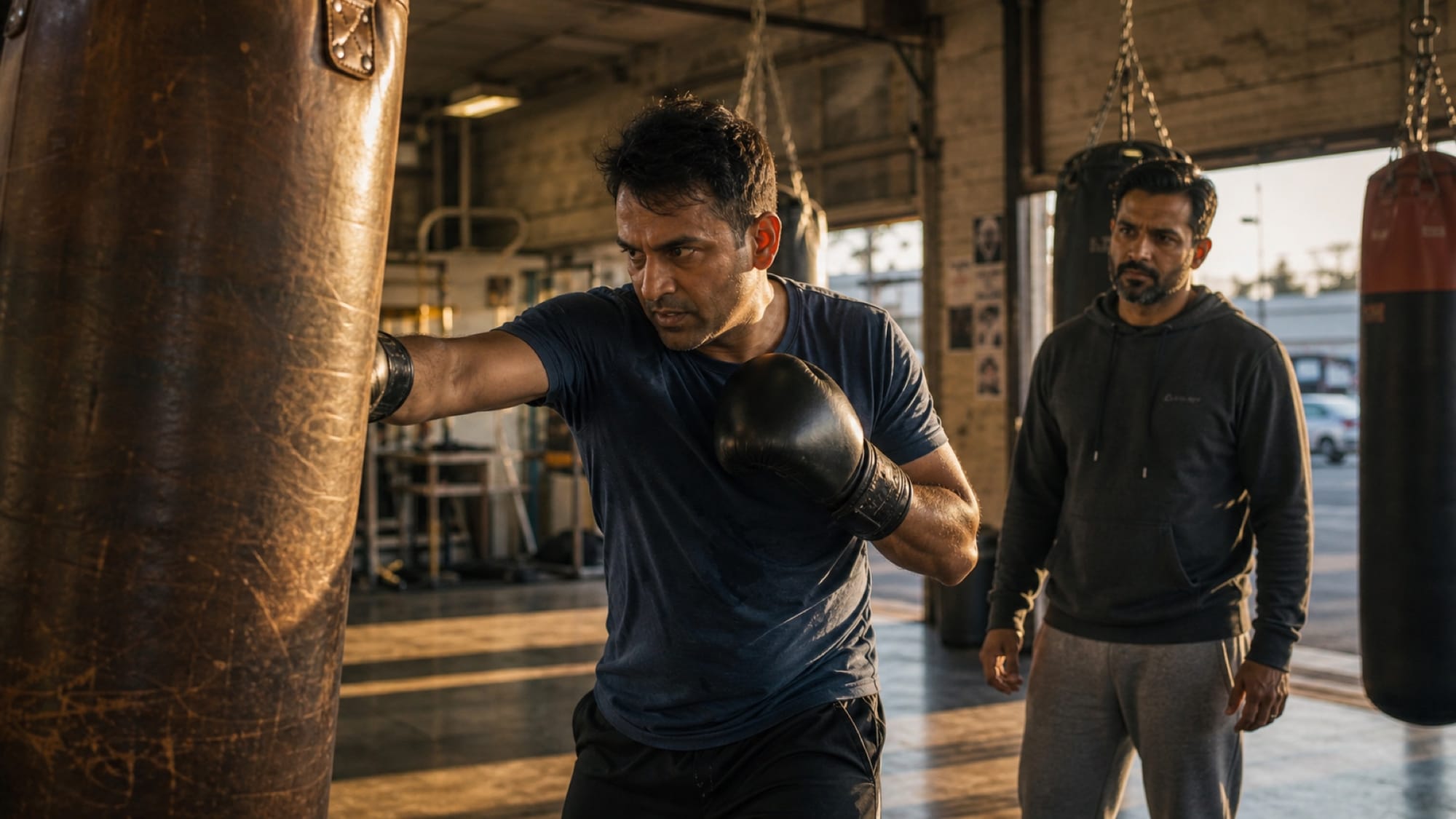 A man in a T-shirt and boxing gloves strikes a heavy bag while another man watches in a daylit gym.