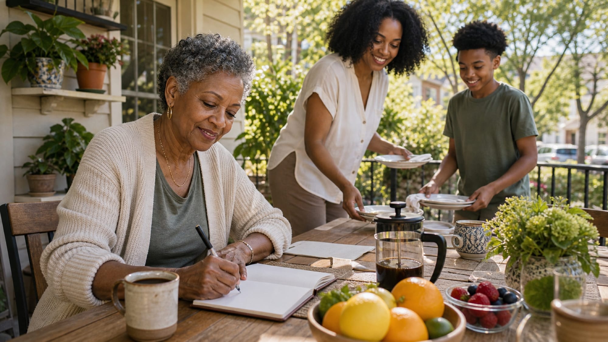 An older woman writes in a notebook at an outdoor table while a woman and a boy carry plates of food.