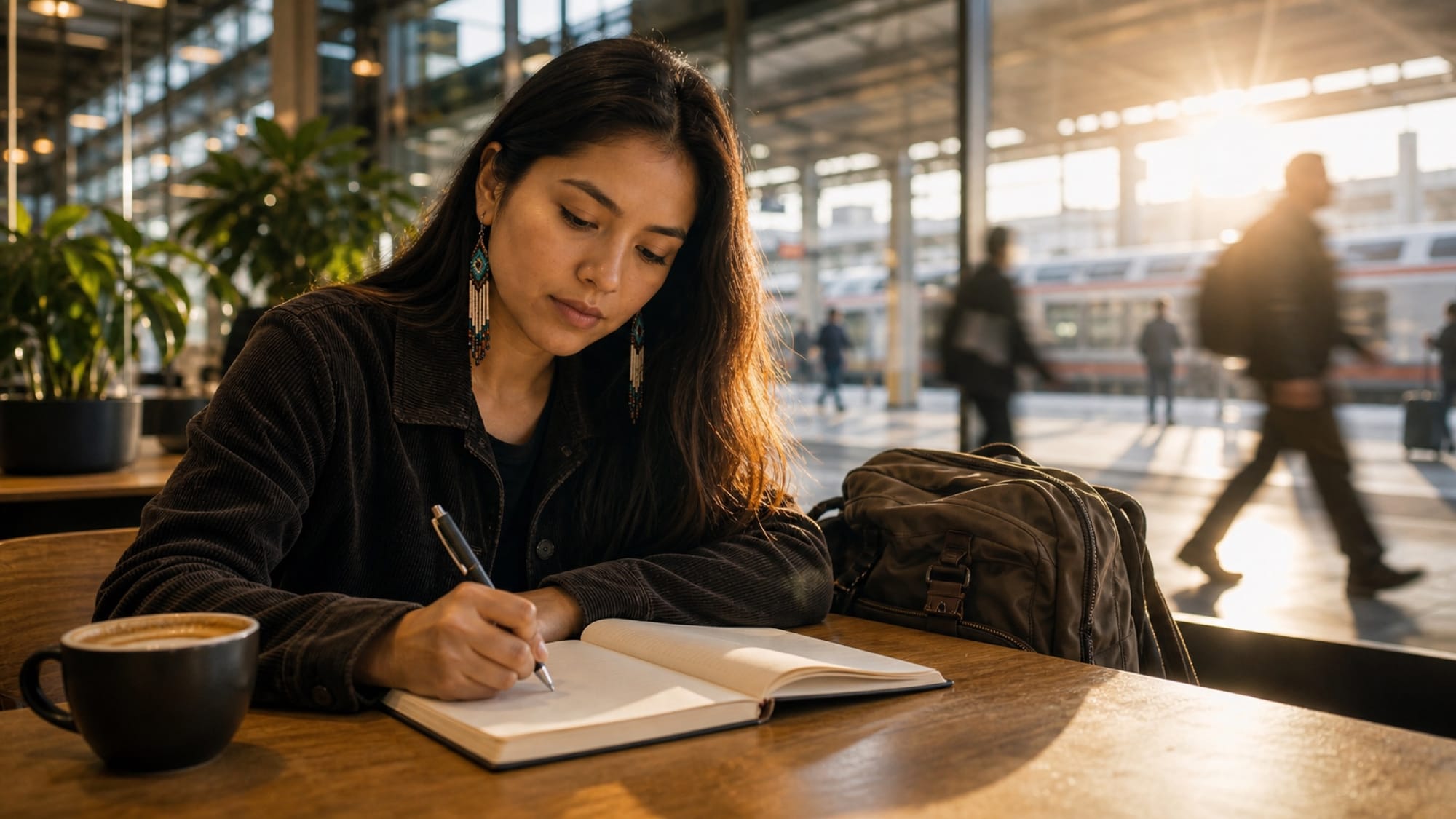 A woman writes in an open notebook at a wooden cafe table, a coffee mug beside her, as travelers pass through a sunlit station behind.