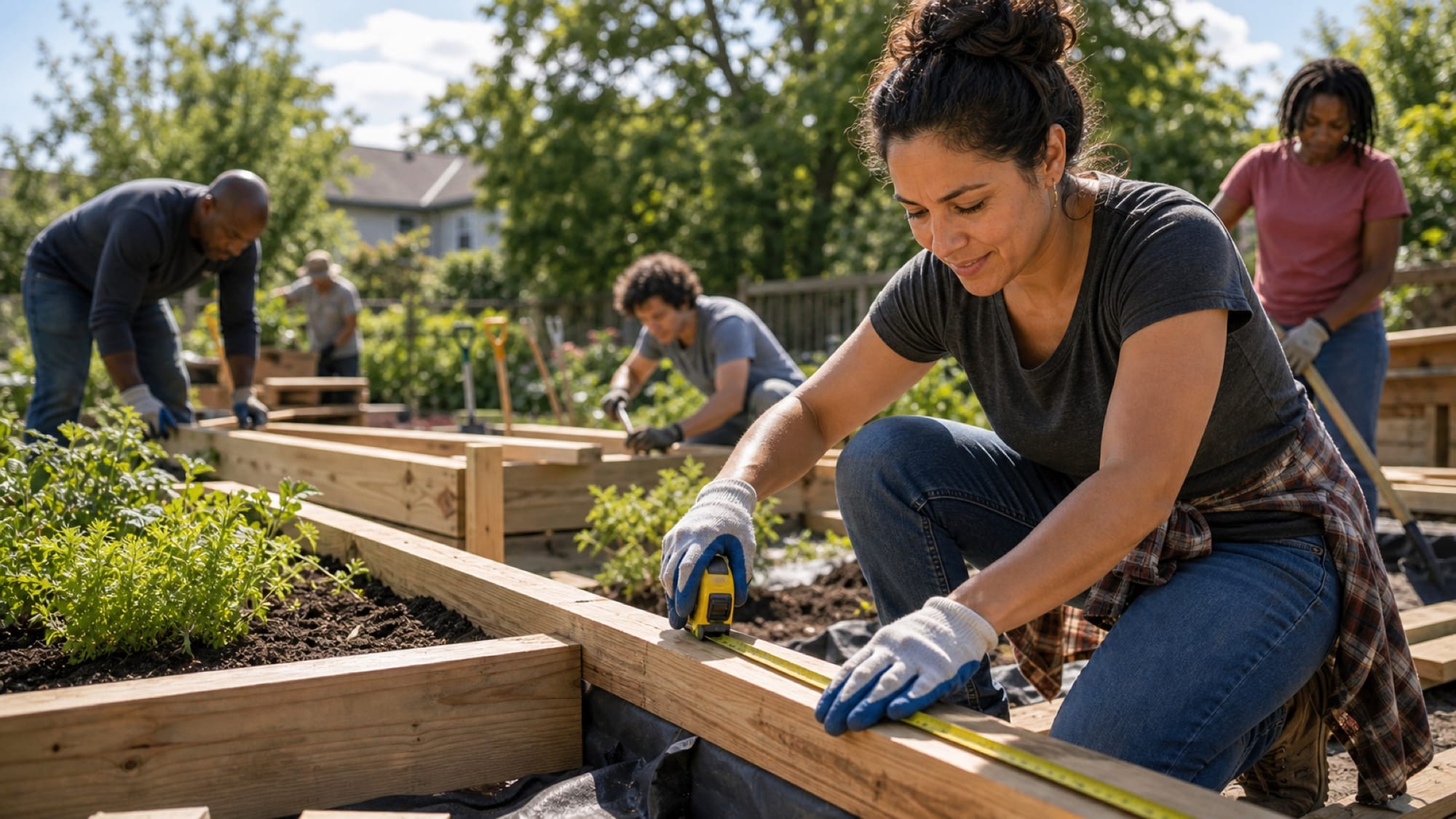 A woman in work gloves measures a wooden garden bed with a tape measure while others build nearby in bright sun.