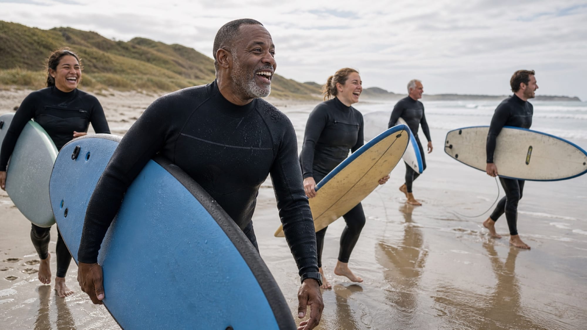 Smiling people in wetsuits carry surfboards along a wet beach under an overcast sky.