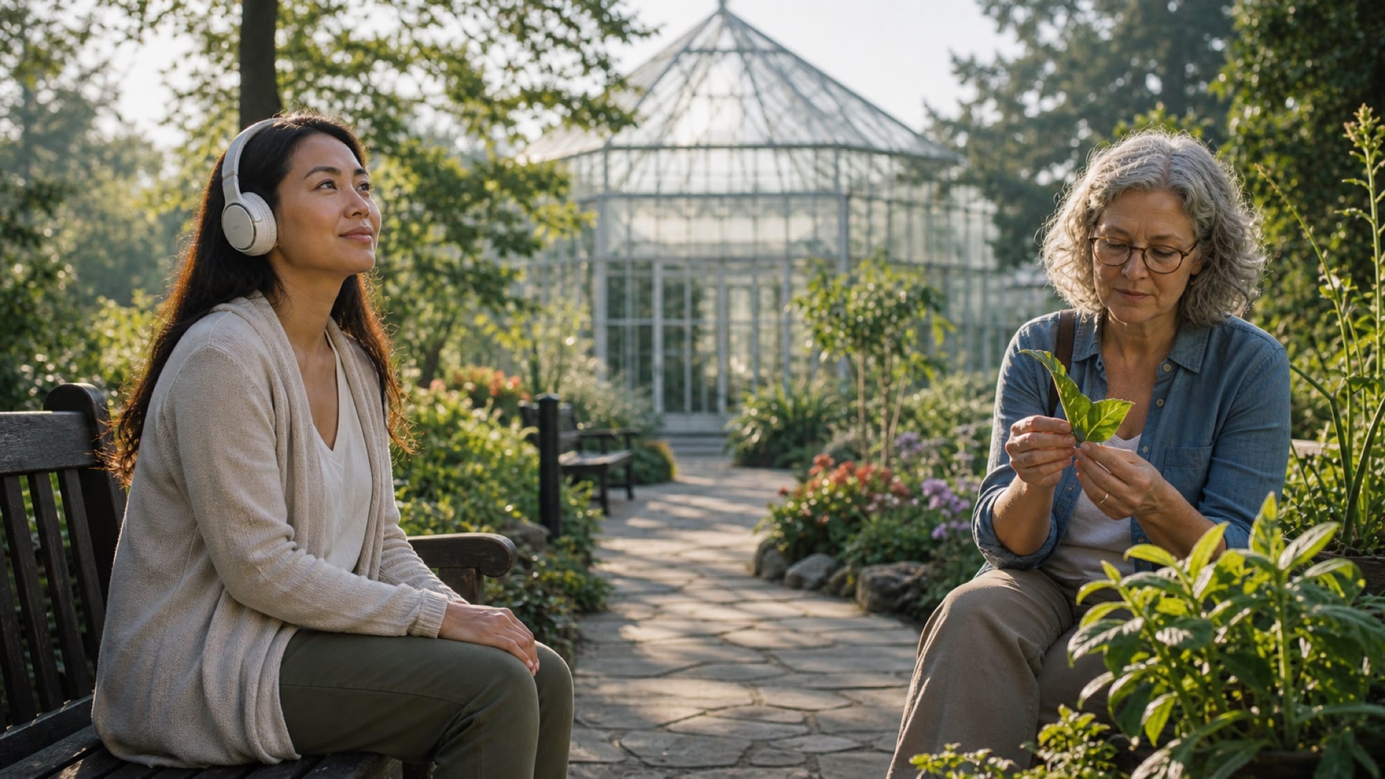 A woman wearing headphones sits with eyes closed on a bench while another woman holds a sprig in a sunlit garden.