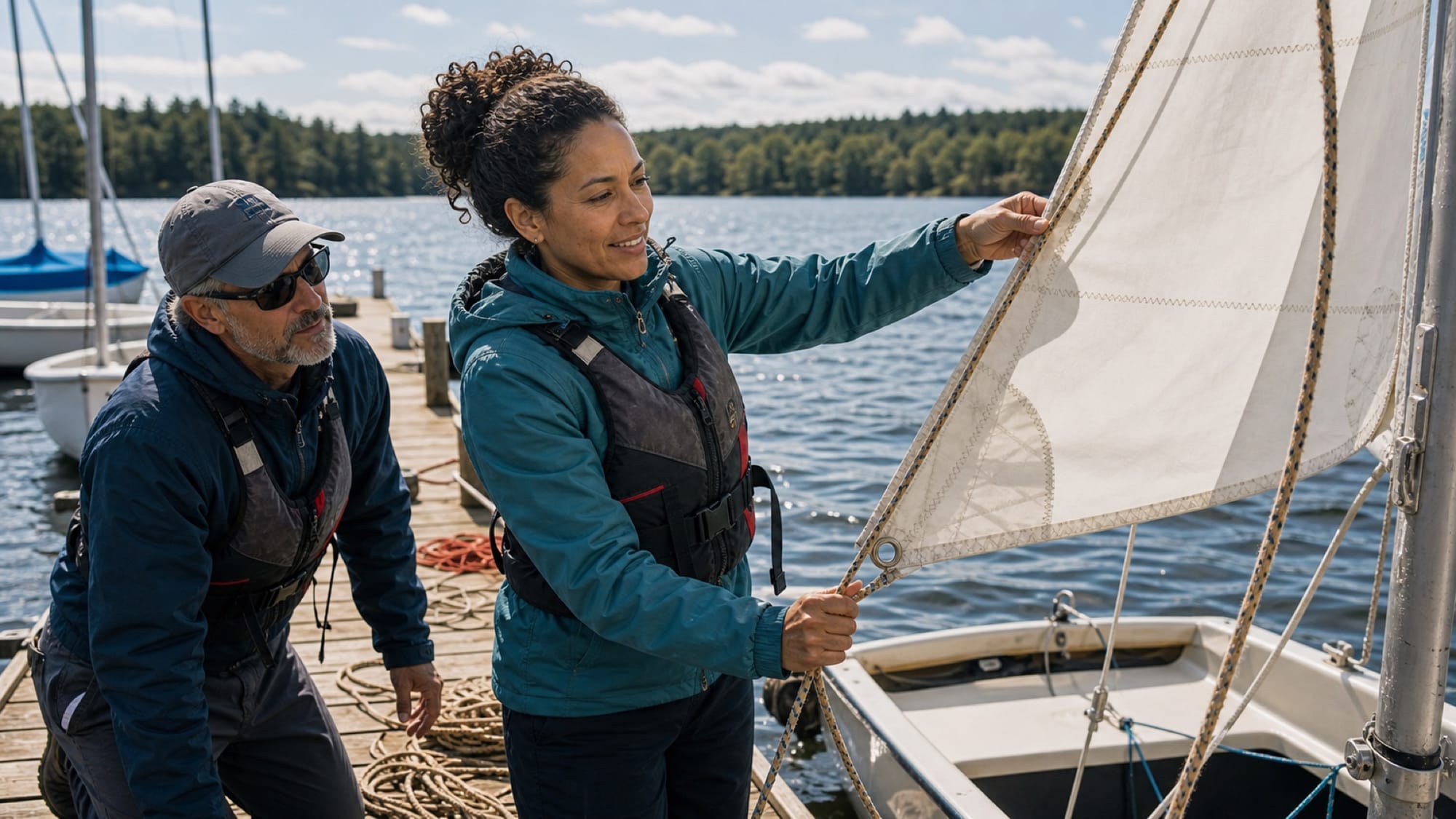 Two people in jackets and life vests rig a small sailboat at a wooden dock beside a tree-lined lake.