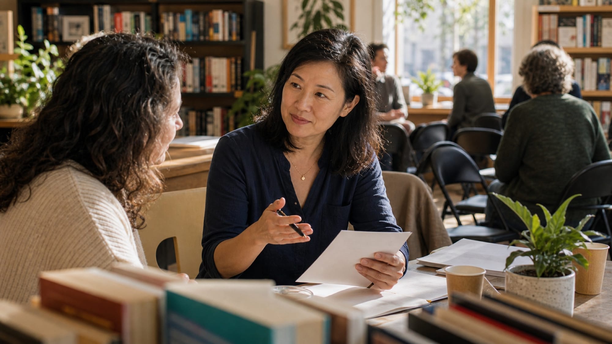 Two women sit talking across a table in a library, one holding a sheet of paper and gesturing with a pen, books and a plant nearby.