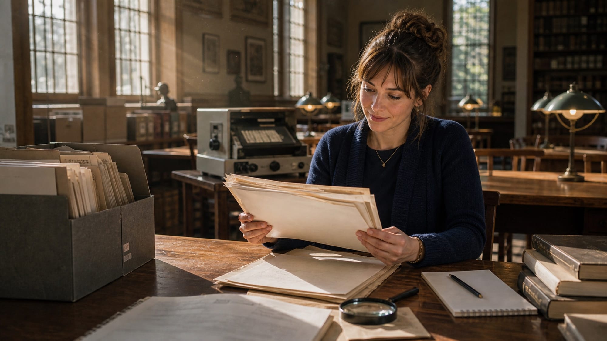 A woman in a sunlit reading room examines loose papers from an archival box, with notebook and magnifier on the desk.