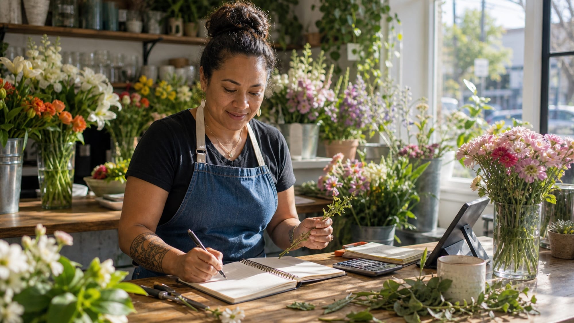 A woman in an apron writes in a notebook at a wooden counter surrounded by flowers in a sunlit shop.