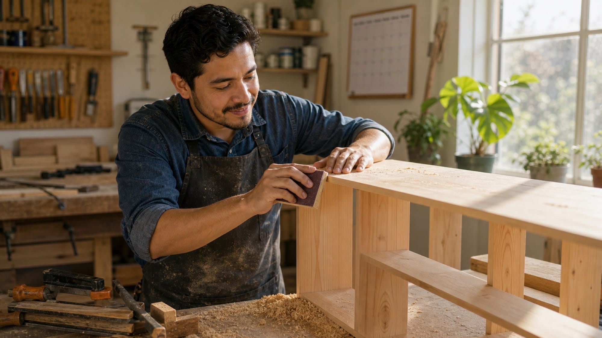 A man in an apron sands a wooden cabinet at a workbench in a tool-lined, sunlit workshop.