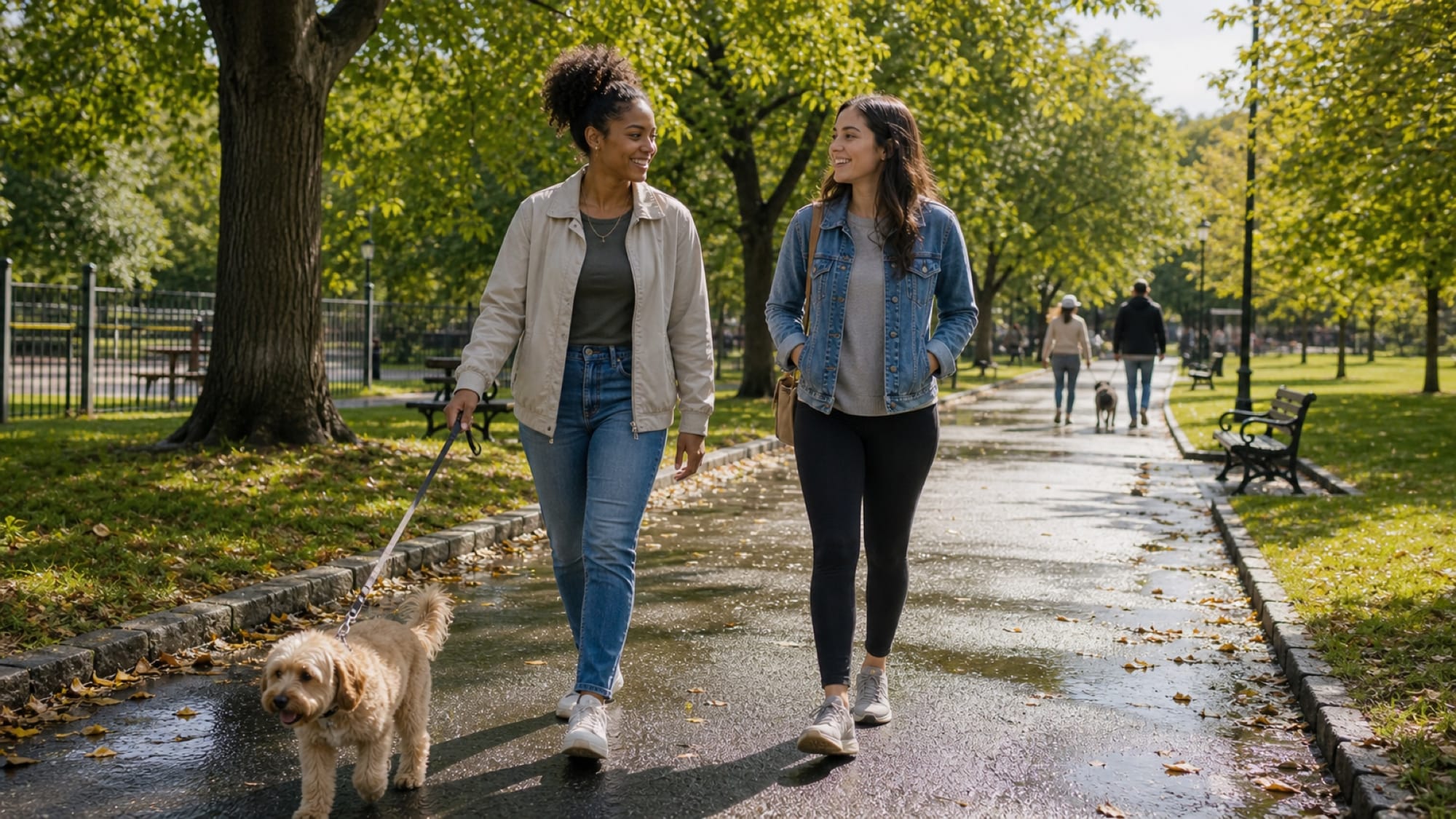 Two women walk a small curly dog along a wet, leaf-strewn park path among green trees on a bright day.