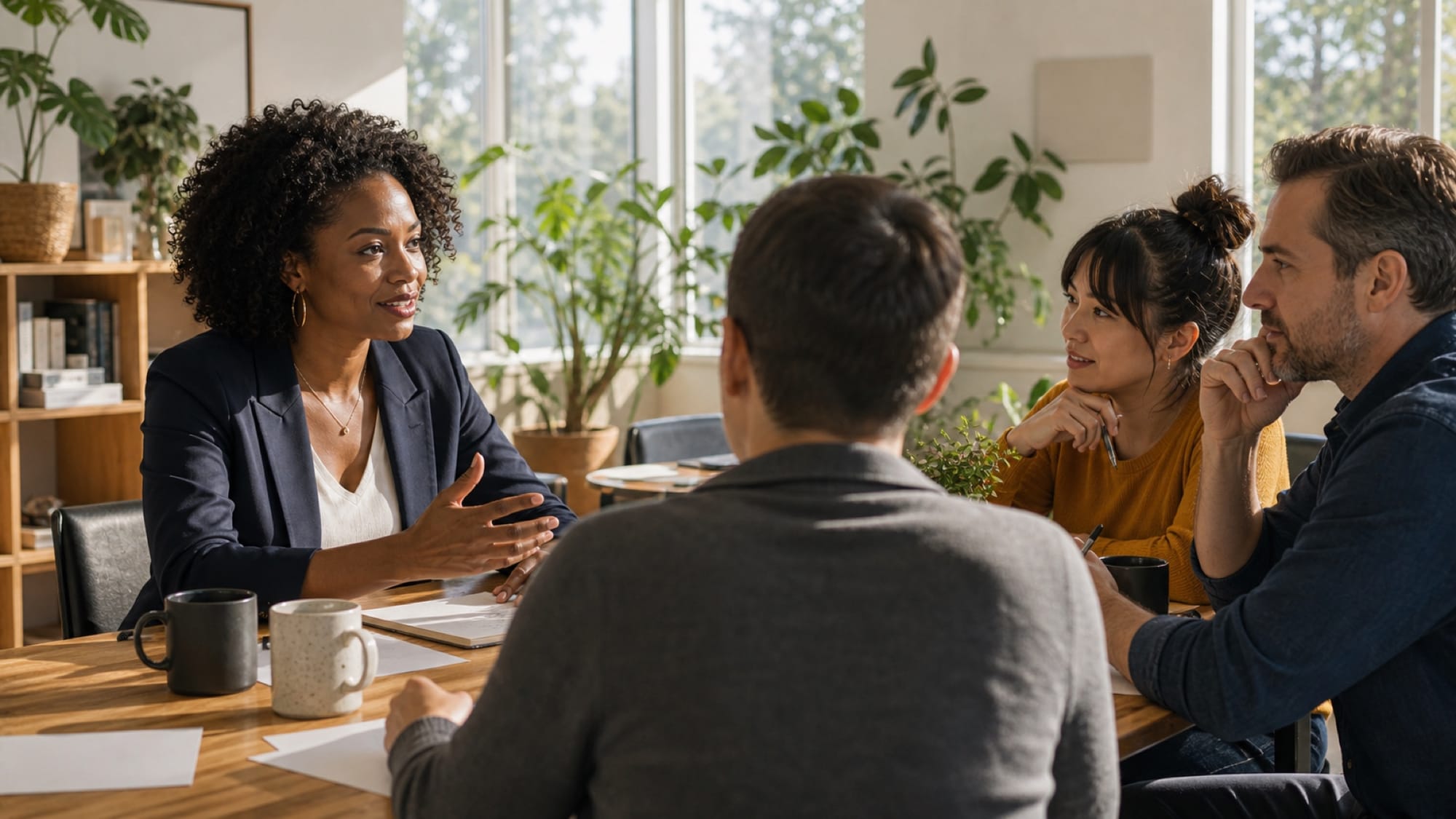 A woman in a blazer gestures while talking to three people around a wooden table in a plant-filled, sunlit room.
