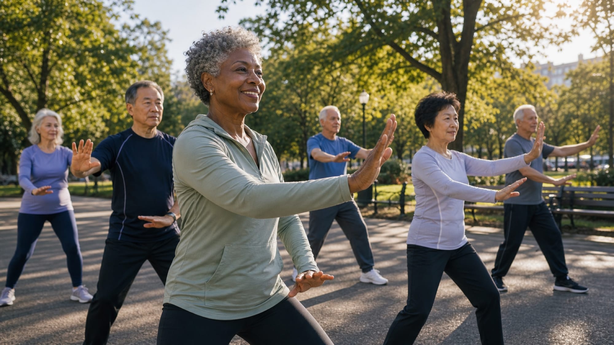 A group of older adults practice slow arm movements together on a paved path in a sunlit park.