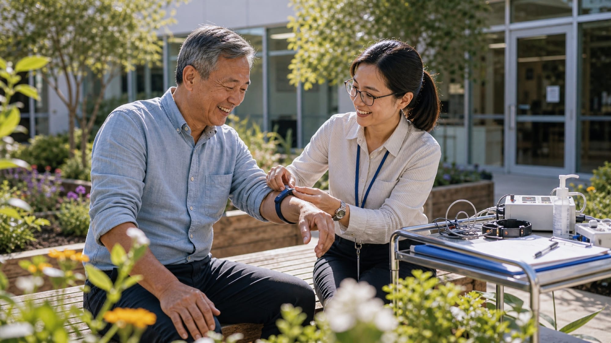 An older man and a smiling woman fasten a wrist monitor at an outdoor table near medical equipment in bright sunlight.