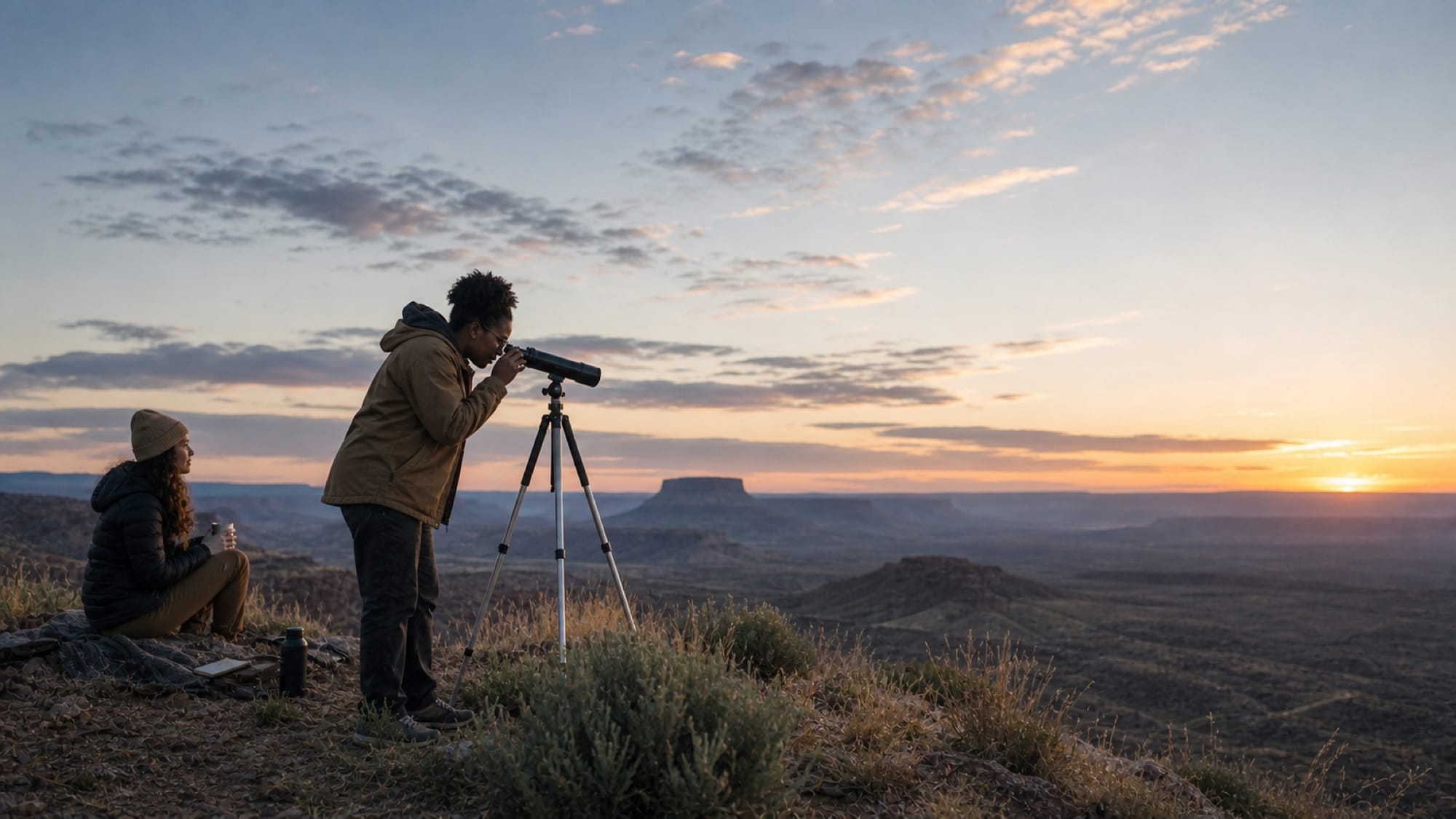 A man peers through a telescope on a tripod while a seated woman watches, on a high desert overlook at sunset.
