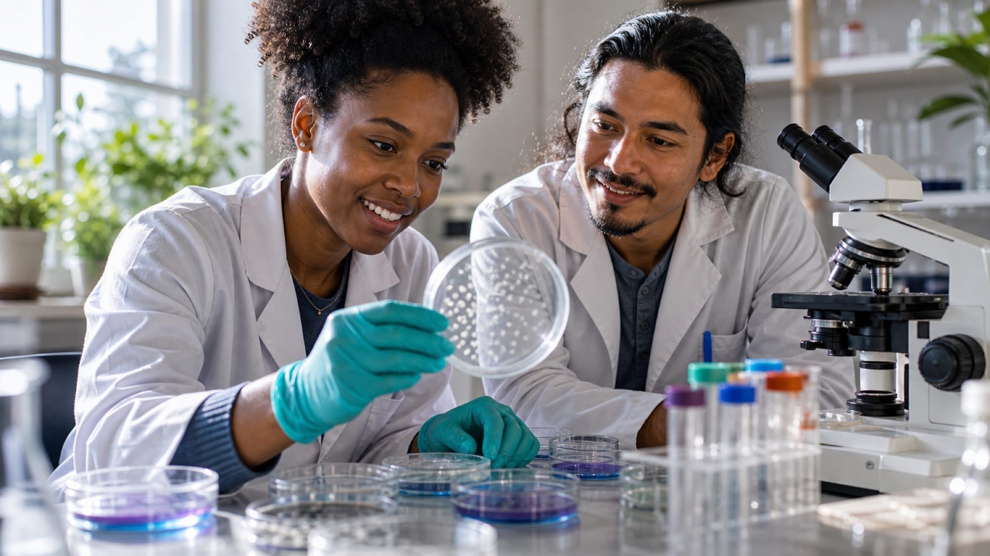 Two researchers in white lab coats lean over a bench, examining petri dishes near a microscope in a bright laboratory.